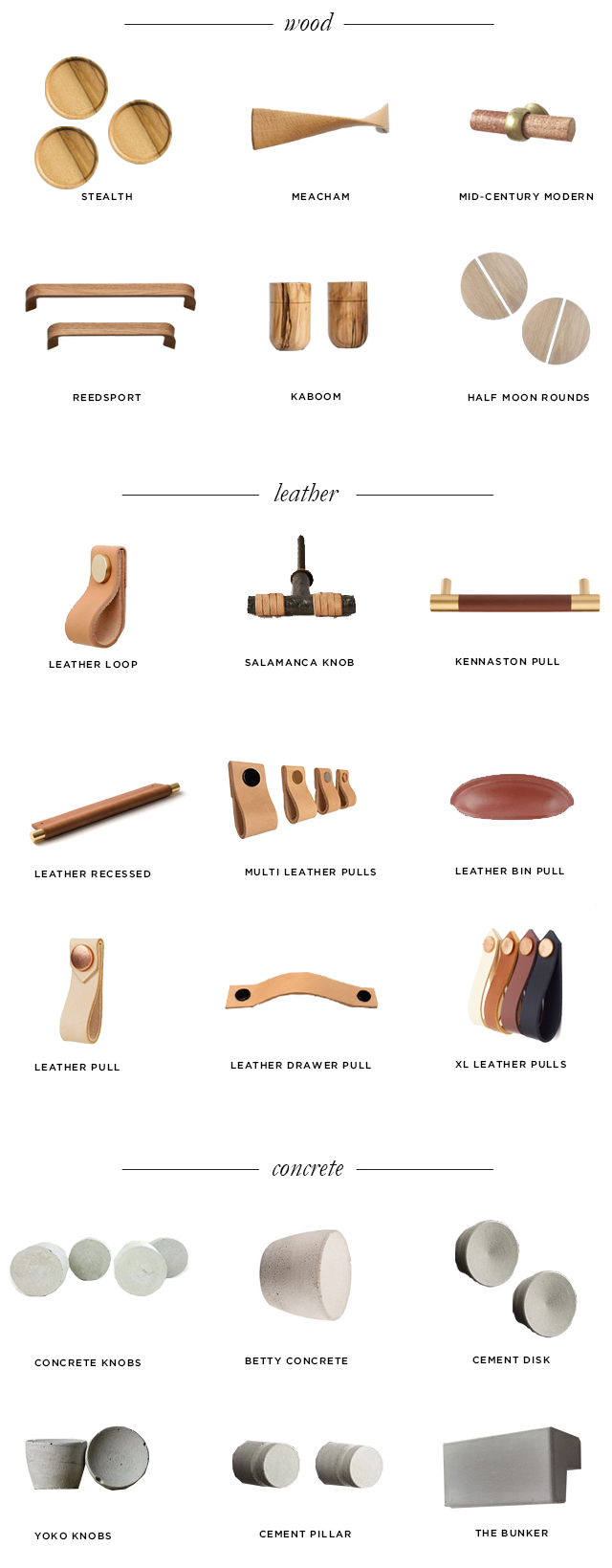 best wood, brass, leather, concrete cabinet pulls knobs