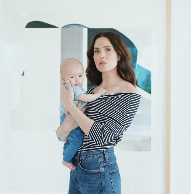 Mandy Moore in her home with baby Gus
